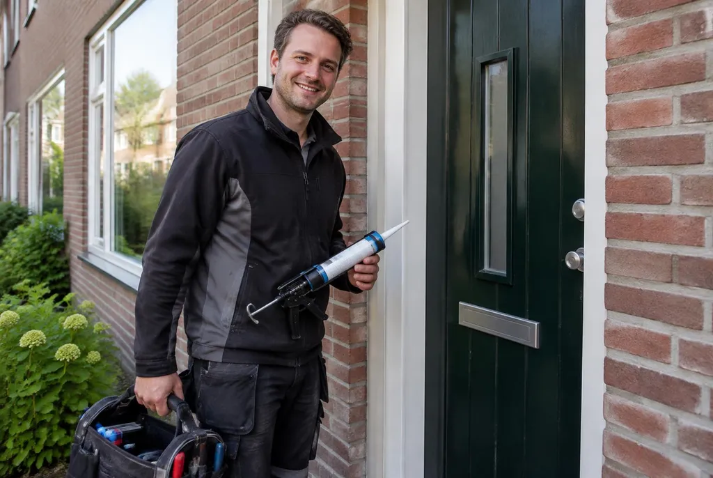 Vakman van Kitbedrijf Hengelo bij de voordeur van een woning